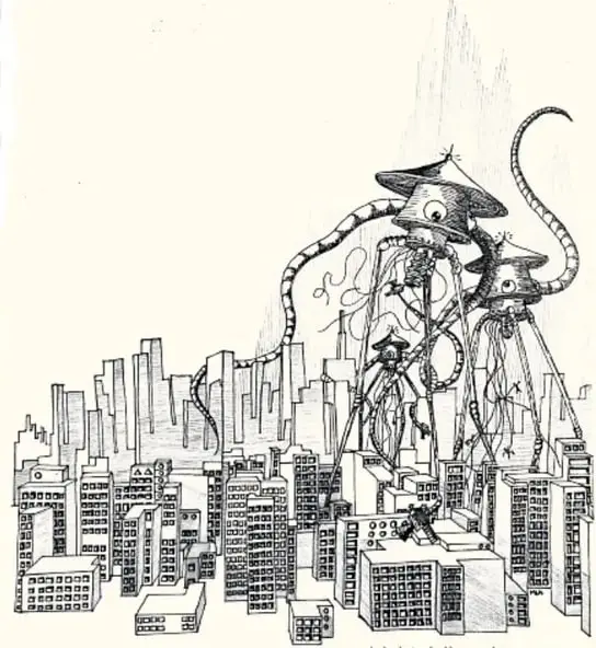 Ilustración de una ciudad siendo atacada por máquinas marcianas con tentáculos, inspirada en La guerra de los mundos.