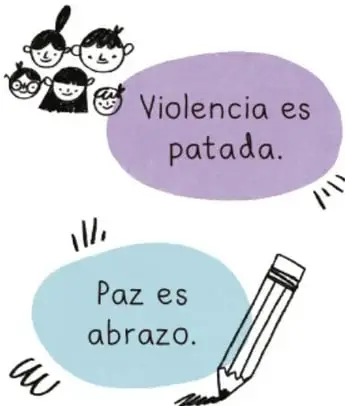 Globo de diálogo morado con el texto 'Violencia es patada.' y grupo de niños.