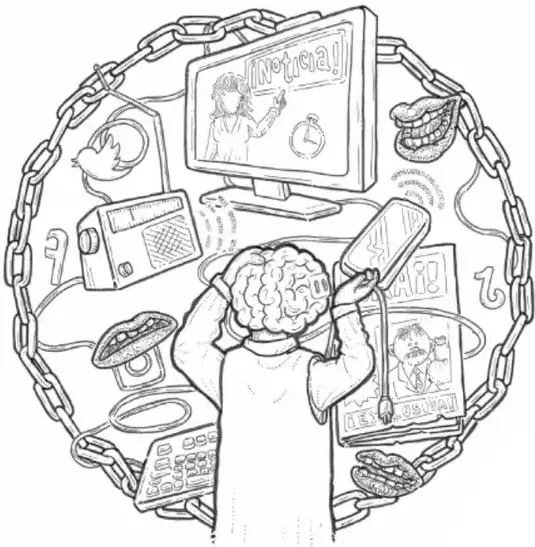 Ilustración de una persona de espaldas observando una pantalla de televisión con la palabra 'Noticia', rodeada de cadenas y objetos tecnológicos (radio, cámara, teclado), representando la saturación mediática y la conexión con las noticias sobre violencia.