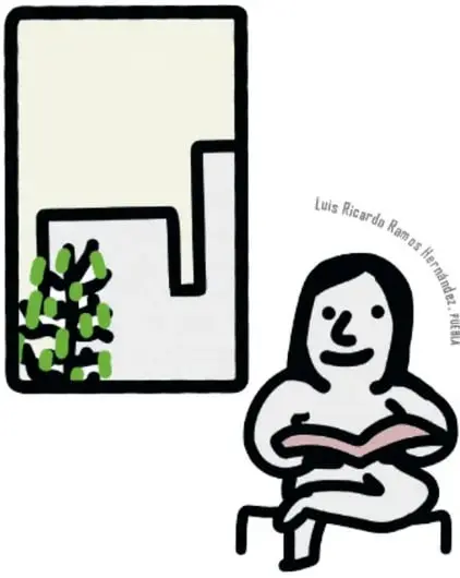 Ventana de edificio con el sauce visto afuera y una figura femenina sentada leyendo un libro, de Luis Ricardo Ramos Hernández (Puebla).