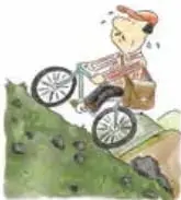 Niño en bicicleta subiendo una cuesta empinada, suda por el esfuerzo.