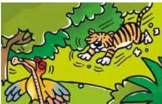 Seis viñetas de un tigre y un ave mostrando acciones con can/can't.