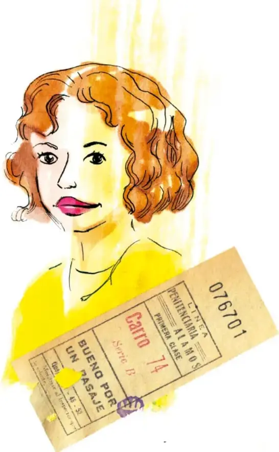 Ilustración de una mujer joven de cabello rizado anaranjado, con blusa amarilla, sosteniendo un boleto de tren antiguo con la palabra 'Carril' y 'BUENO POR UN PASAJE'.