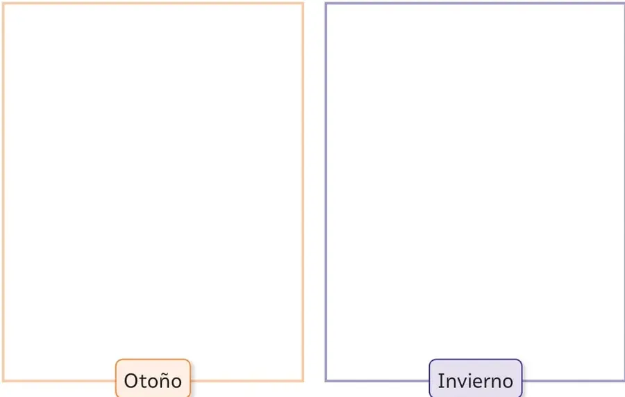 Dos recuadros vacíos para dibujar: el de la izquierda, con borde anaranjado, rotulado 'Otoño'; el de la derecha, con borde morado, rotulado 'Invierno'.