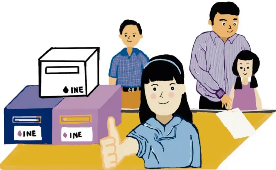 Ilustración de una niña y un niño frente a buzones del INE, con un adulto y otra niña detrás, simbolizando la participación y denuncia.