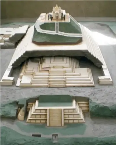 Maqueta que muestra un corte transversal de la pirámide, con capas superpuestas y una iglesia en la cima.
