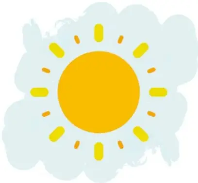 Ilustración de un sol amarillo radiante sobre manchas de nubes azules.