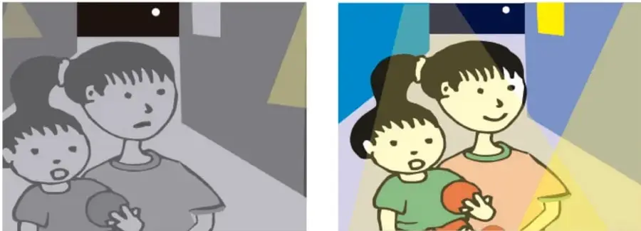 Dos paneles ilustrados: en ambos se ven dos niñas con expresión de sorpresa dentro de una habitación; el panel izquierdo es en escala de grises y el derecho usa colores vivos (azul, amarillo, verde) (Rutila Vega Rubio, Tlaxcala).