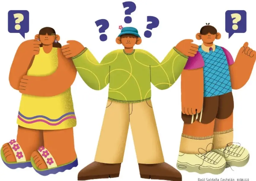 Ilustración de tres personajes con dudas (globo de interrogación) que preguntan por los tipos de punto; de Raúl Saldaña Castelán, Hidalgo.