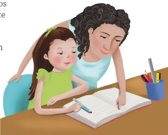 Ilustración de una adulta acompañando a una niña que escribe en un cuaderno sobre un escritorio con lápices y regla; crédito: Raquel García Aguirre, Ciudad de México.