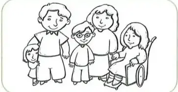 Ilustración de una familia con varios adultos, niñas y niños; una persona está sentada en una silla de ruedas.