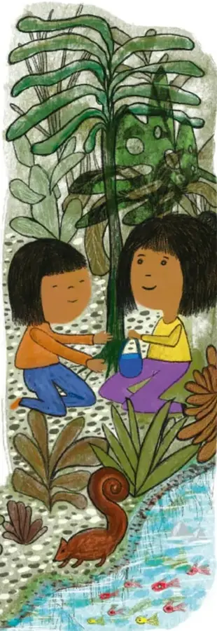 Ilustración de dos niñas en un entorno natural con plantas, helechos, un caracol, un ajolote y peces, que representa la biodiversidad de un ecosistema mexicano.