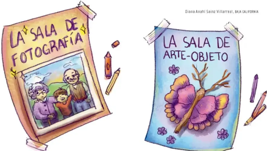 Cartel con el título «LA SALA DE FOTOGRAFÍA» y una fotografía de una familia (abuelos y niño) al aire libre, con crayones alrededor.