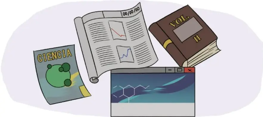 Ilustración de diversos materiales informativos: una revista de ciencia, un periódico con gráficas, un libro enciclopédico rotulado VOL. II y una pantalla con una imagen de ciencia.