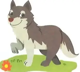 Ilustración de un lobo sobre el césped junto a una flor.