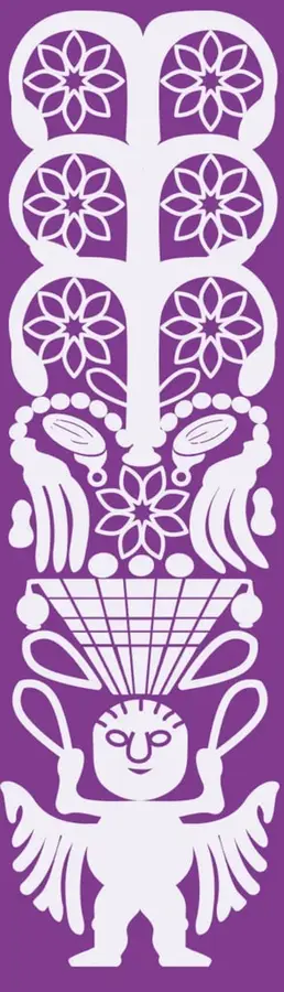 Ilustración vertical en color morado con técnica de papel picado: flores de ocho pétalos, un rostro humano sonriente con tocado, un cesto de líneas y un cuerpo alado con brazos levantados.