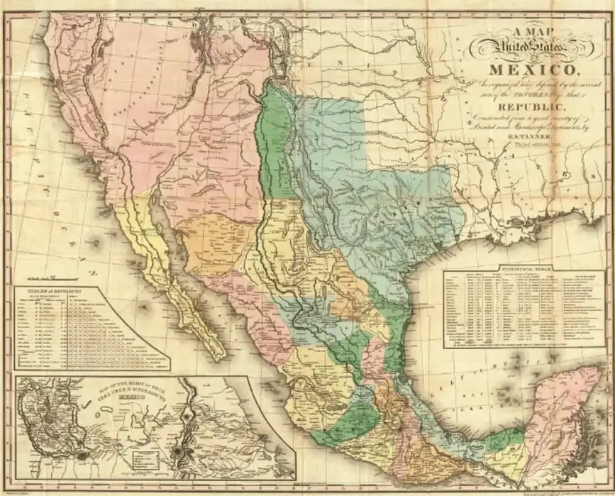Mapa histórico titulado 'A Map of the United States and Mexico' que muestra las fronteras y territorios de ambos países en el siglo XIX, con regiones coloreadas, tablas de distancias y un recuadro con el plano de la ciudad de México y sus alrededores.