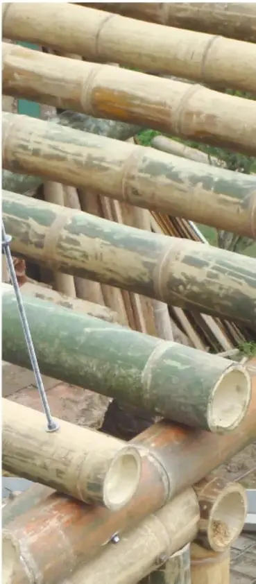 Fotografía de tubos de bambú apilados en horizontal con una varilla metálica atravesada; se ven los extremos cortados que muestran el interior hueco.
