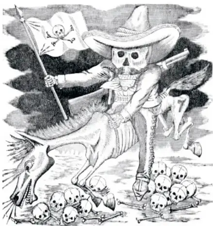 Grabado de una calavera con sombrero de charro montada en un caballo esqueleto, ondeando una bandera con calavera, sobre cráneos dispersos.