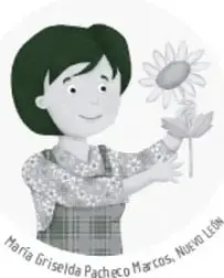 Ilustración de Angelina sosteniendo una flor, con la leyenda 'María Griselda Pacheco Marcos. Museo León'.