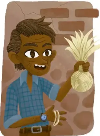 Retrato de un señor sonriente con camisa de cuadros azul que muestra un pito o juguete de paja tradicional frente a una pared de ladrillo; firmado Armando Amezcua Mora, Guanajuato.