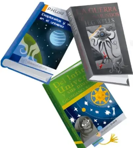 Fotografía de tres libros apilados (PHloid: Exoplanetas y vida en el universo; La guerra de los mundos, H. G. Wells; Del infinito universo y sus mundos) realizada por Armando Amezcua Mora, Guanajuato.