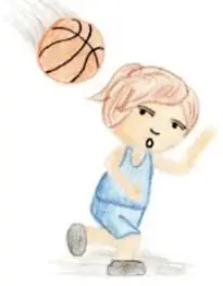 Ilustración de un niño pidiendo el balón de baloncesto con la mano extendida, pie de foto '¡Pásame el balón!'; crédito fotográfico Festis, CIUDAD DE MÉXICO