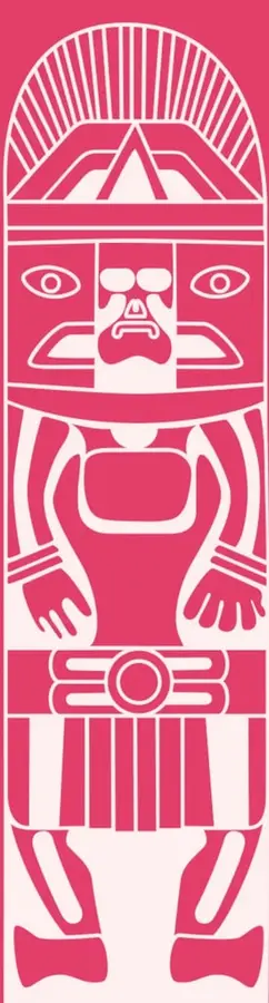 Ilustración estilizada en color rosa de una figura humana con tocado, orejeras y faldón, de estilo mesoamericano, sobre fondo rosa.