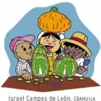 Ilustración de tres niños con calaveras y elementos del Día de Muertos, crédito: Israel Campes de León, CAHUILA.