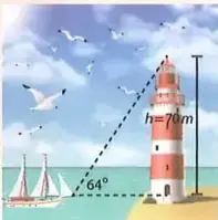 Un faro de 70 m observa un barco con un ángulo de elevación de 64°.