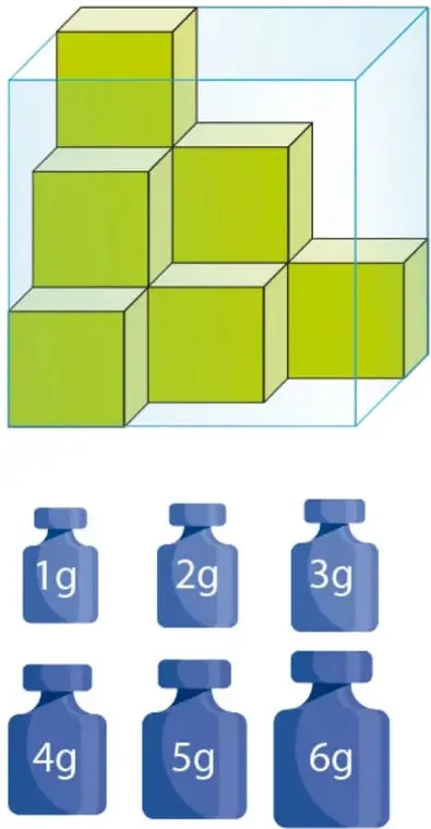 Caja transparente cúbica con cubos verdes acomodados en forma de escalera: 1 en el nivel superior, 3 en el medio y 4 en la base.