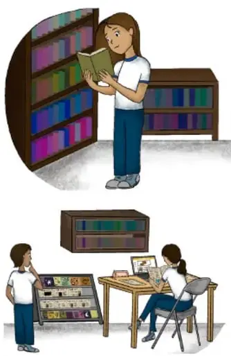 Ilustración de una niña con uniforme leyendo un libro frente a un estante lleno de libros de colores en la biblioteca.