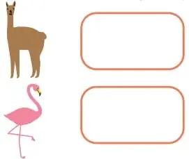 Íconos de un guanaco y un flamenco junto a recuadros vacíos para escribir la cifra y una línea para la palabra.