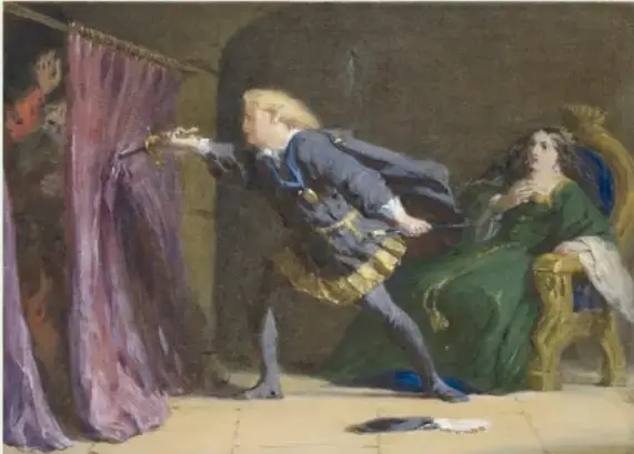 Acuarela de Coke Smyth: Hamlet apuñala a través de un tapiz a un espía oculto (Polonio), mientras Gertrudis observa; escena del Acto 3, Escena 4.