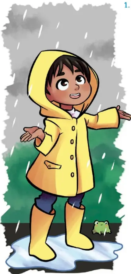Ilustración de un niño con impermeable amarillo bajo la lluvia, con un charco y una rana.
