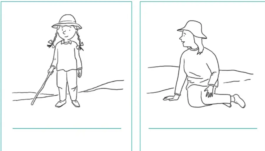 Niña con trenzas, sombrero y bastón, de pie junto a una línea de terreno.