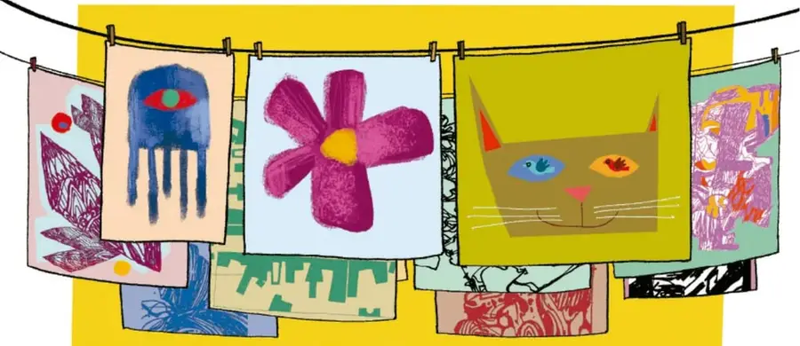 Ilustración de un tendedero con dibujos y pinturas infantiles: un ojo azul, una flor rosa, un gato verde y otras obras coloridas, sobre fondo amarillo.