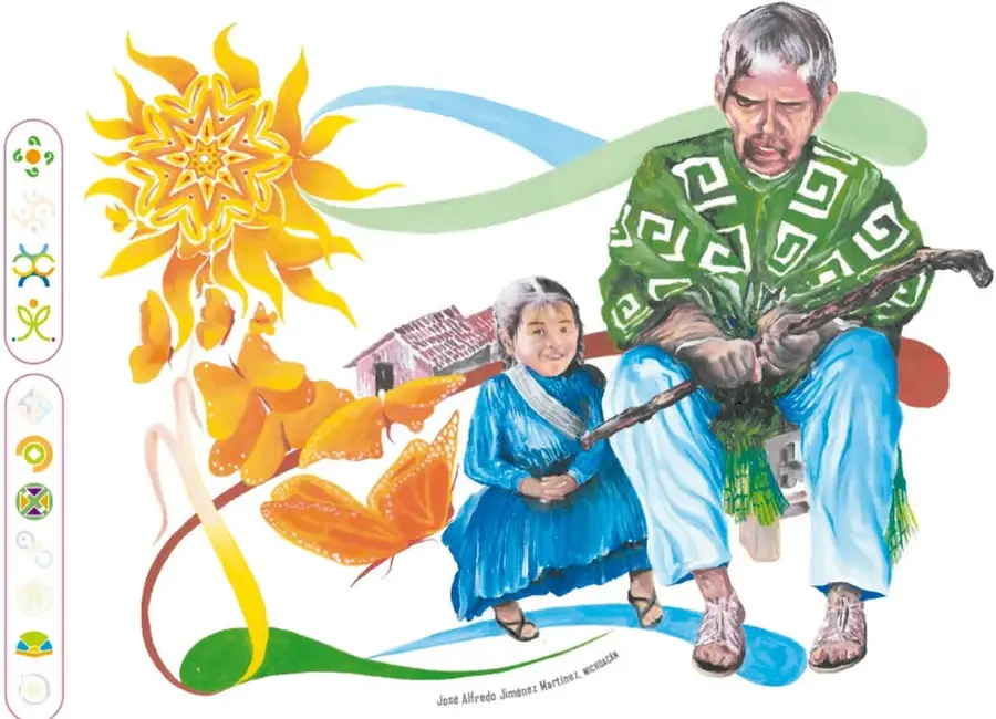 Ilustración al óleo de un abuelo mazahua sentado con bastón y una niña junto a él, rodeados de mariposas monarca naranjas y un sol estilizado; crédito del ilustrador: José Alfredo Jiménez Martínez.