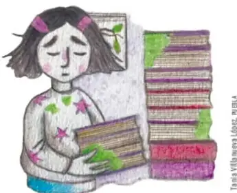 Ilustración de una niña enferma con pañuelo, junto a libros.