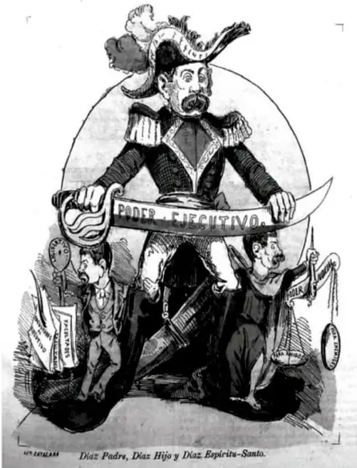 Caricatura titulada "Santoral Tuxtpecano. La Trinidad de Hoy" que muestra a Porfirio Díaz como figura central dominante, con el texto "Díaz Padre, Díaz Hijo y Díaz Espíritu-Santo".