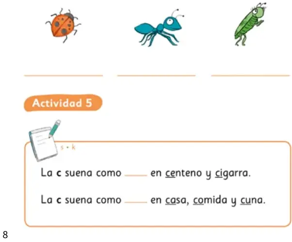 Tres ilustraciones de insectos: una chinita, una hormiga y una cigarra, cada una con una línea para escribir su nombre.