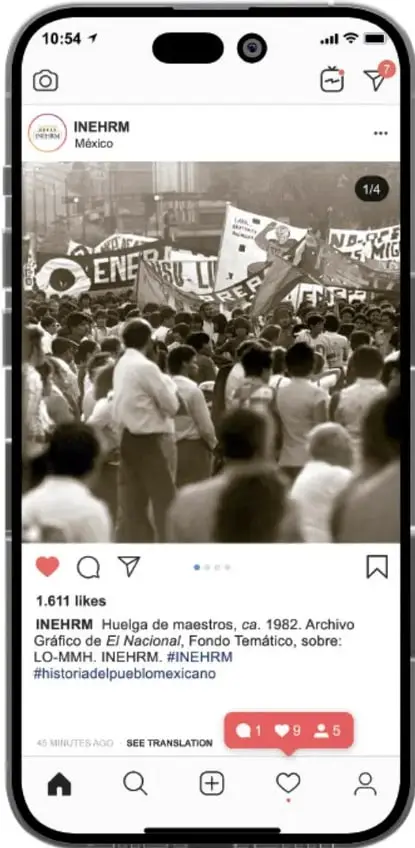 Publicación de Instagram del INEHRM México: fotografía de una huelga de maestros de ca. 1982, con manifestantes y pancartas de la CNTE/ENER-LIB, 1.611 likes.