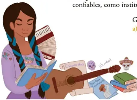 Ilustración de una joven con trenzas leyendo, acompañada de un acordeón, una guitarra, libros, calaveritas de azúcar y adornos tradicionales; al pie se lee "Filomena Tun Cocon, Quintana Roo".