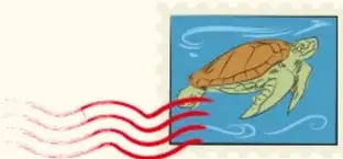 Estampilla con ilustración de una tortuga marina y líneas de matasellos rojas.