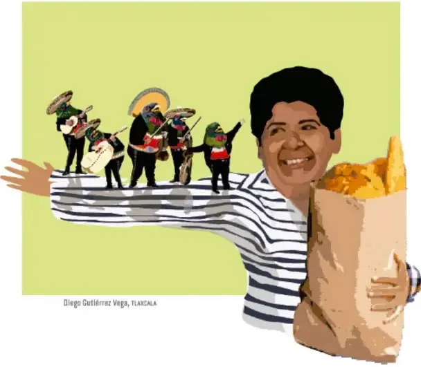 Ilustración de un joven sonriente con playera de rayas que sostiene una bolsa de pan; detrás, una banda de músicos con instrumentos. Al pie dice: Diego Gutiérrez Vega, Tlaxcala.