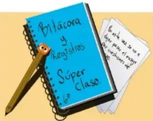 Ilustración de materiales escolares: cartulinas, tijeras, pegamento, regla y notas adhesivas.
