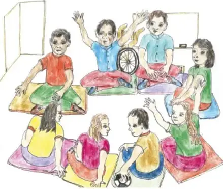 Dibujo a colores firmado por Abdón Pinedo García, Zacatecas: niñas y niños sentados en círculo sobre colchonetas, uno de ellos en silla de ruedas, conversando con las manos alzadas, con una pelota en el centro del círculo.