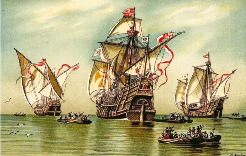 Ilustración de tres carabelas navegando en el océano. La nave central es más grande y lleva el estandarte de Castilla. Hay personas en botes remando hacia las naves. Al fondo se observa el mar y aves volando.