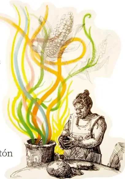 Ilustración de una artesana sentada trabajando con fibras y una olla, con cañas decorativas de colores, acreditada a Octavio Sánchez Oropeza, Veracruz.