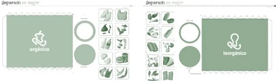 Dos plantillas «Separado es mejor»: cilindro verde con ícono de manzana y rótulo «orgánico», y cilindro con rótulo «inorgánico», cada uno con tiras de casillas que ilustran residuos (frutas, hojas, cajas, botellas, latas) para recortar y clasificar.